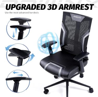 Ігровий крісло Dowinx для офісу та дому: ергономічне, з 3D підлокітниками, функцією гойдання, шкіряне, поворотне, чорно-сіре