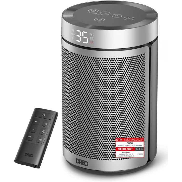 Електричний обігрівач Dreo Atom 316: тихий, 1500W, керамічний PTC, термостат, захист від перегріву та перекидання, таймер 12 год, для дому та спальні
