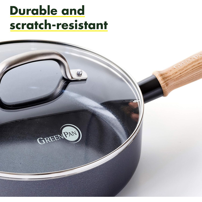 Сковорода GreenPan Hudson 3QT з кришкою, вінтажна дерев'яна ручка, без PFAS, можна мити в посудомийній машині, чорна