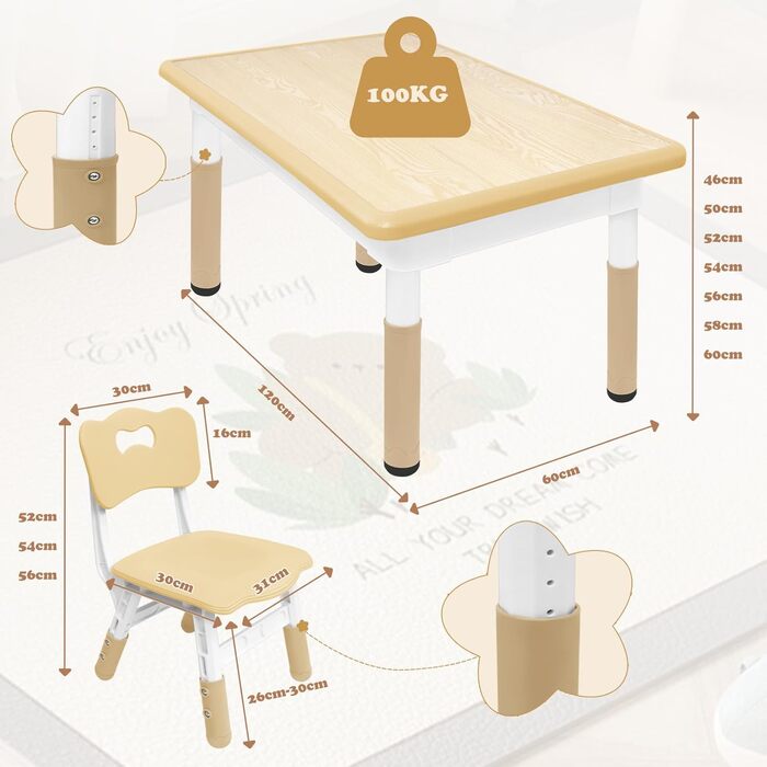 Дитячий стіл зі стільцями (2 шт.) 80x60 см, регульована висота, для дитячого садка, ідеально для ігор, малювання та розмальовування. Легко миється. Набір столу та стільців для дітей від 2 років (Бежевий)