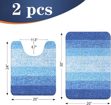 Набір килимків для ванної кімнати OLANLY, 2 шт., м'який, швидковисихаючий, мікрофібра, нековзний, придатний для прання та сушіння, плюшеві килимки для ванної (119,4 x 50,8 см + 61 x 40,6 см, світло-королівський блакитний)