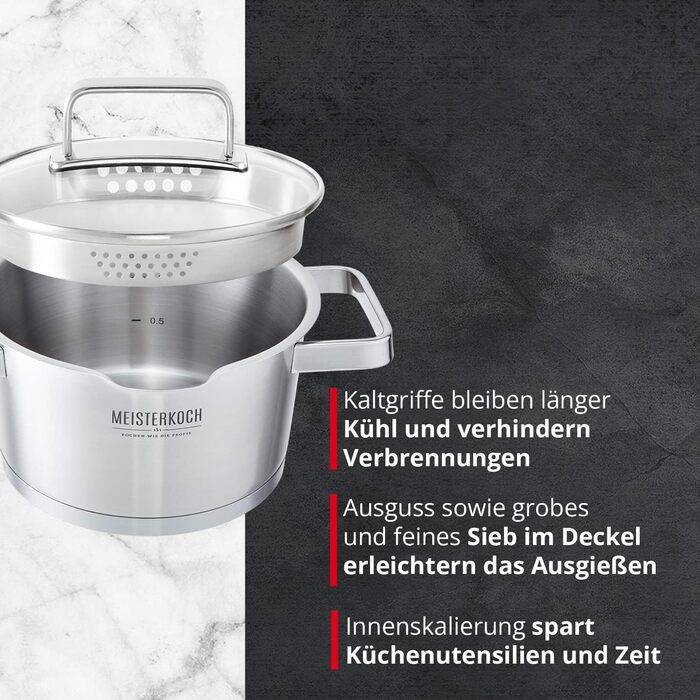 Каструля Meisterkoch з нержавіючої сталі 16 см з виливом, мірною шкалою та ізольованою ручкою | з кришкою з скла та ситом | кухонне приладдя, підходить для індукційних плит
