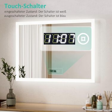 Дзеркало для ванної кімнати Boromal з підсвічуванням та годинником 50x70 см, LED, 3 кольори, регулювання яскравості, сенсорне керування