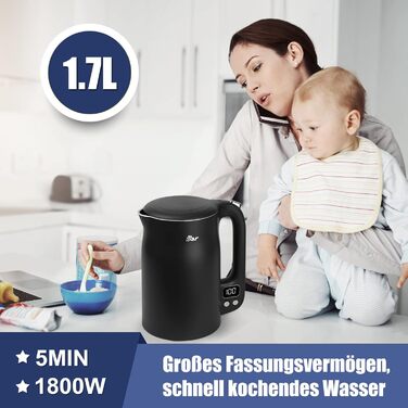 Електричний чайник Bear 1.7L з нержавіючої сталі 304, 11 температурних режимів, 1800W, захист від сухого кипіння, LCD дисплей, точне регулювання температури (40°C-100°C), BPA Free