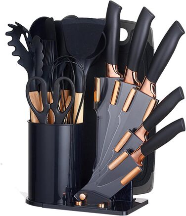 Набір кухонних ножів 19 в 1 з блоком, аксесуари для кухні та набір кухонних ножів, включає 11 шт. силіконових кухонних аксесуарів, 5 шт. гострих ножів з нержавіючої сталі, ножиці та дошку для нарізання (чорний)