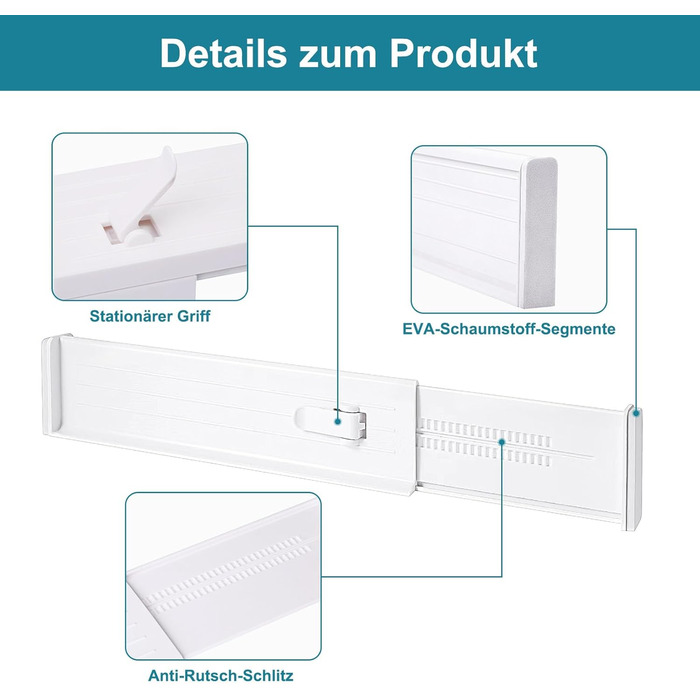 Організатори для ящиків MOFELON (8 шт.), регульовані роздільники для ящиків (33-58.5 см, 6.4 см H), система організації для шаф, комодів, кухні, спальні, ванної кімнати - білий
