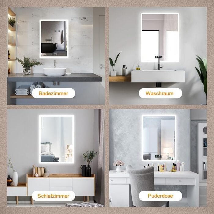 Дзеркало для ванної кімнати з підсвічуванням та годинником 50x70 см. LED дзеркало з сенсорним керуванням, 3 кольори світла, регулювання яскравості, 2470LM, стиль JB