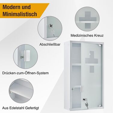 Медичний шафчик Zedelmaier з нержавіючої сталі, 4 відділення, з ключем, для зберігання ліків, білий (57 x 27 x 12 см)