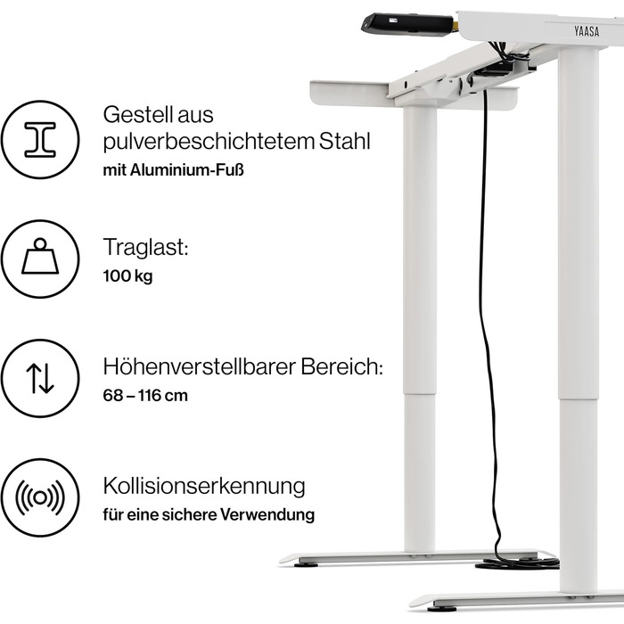 Стол Yaasa Frame Basic S: Регульована висота, USB-порт, телескопічний механізм, блокування клавішами (білий)