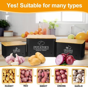 Набір контейнерів для зберігання картоплі, цибулі та часнику (3 шт.) з бамбуковим кришками - зберігає овочі свіжими. Чорний колір