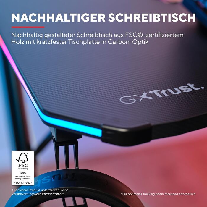 Ігровий стіл Trust Gaming GXT 709W Luminus RGB з підсвічуванням LED, 10 режимів, USB, білий, з підставкою для навушників та тримачем для напоїв, 120 x 60 см