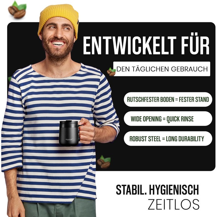 Термокружка з ручкою, подвійні стінки, вакуумна ізоляція, нержавіюча сталь 18/8, з 2 кришками, протиковзке дно, 440 мл, для офісу та робочого місця