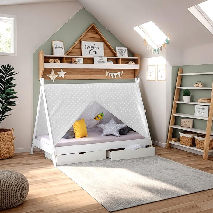 Дитяче ліжко Homestyle4u Tipi 90x200 см з ящиками, біле, з наметом, зірки, з дерева (сосна)