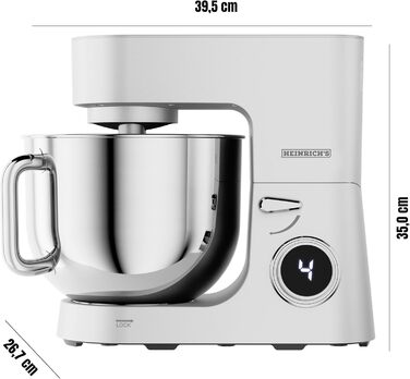 Кухонна машина Heinrichs 2500W з подвійним гаком для тіста, міксером та вінчиком, 8 швидкостей, чаша 8л з нержавіючої сталі, тиха, колір 