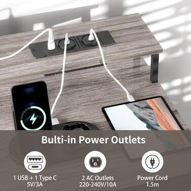 Ігровий стіл BEXEVUE з розетками та LED-підсвіткою 120x50 см. Сучасний комп'ютерний стіл з підставкою для клавіатури, 4 висувними ящиками та великою полицею для навчання, ігор та роботи. Колір: Pure Gray