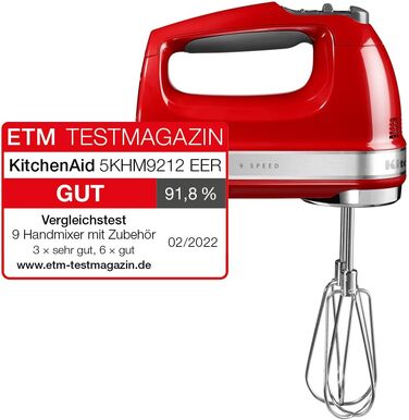 Міксер ручний KitchenAid 9 швидкостей, червоний Empire Red: з вінчиками, гаками для тіста та насадкою, 85 Вт, Soft-Start, LED-дисплей