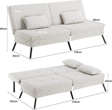 Диван-ліжко LUCKRACER 3-місний з регулюванням кута нахилу, Cordstoff, Бежевий