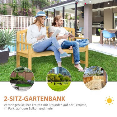 Двомісний садовий лавки з дерева, стійкий до погодних умов, з підлокітниками, садові меблі з спинкою, витримує до 240 кг, розміри 140 x 50 x 85 см, помаранчевий