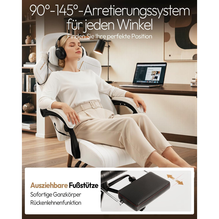 Ігровий крісло Dowinx з масажем, ергономічний дизайн, підтримка попереку та шиї, до 135 кг, шкіряне, чорний