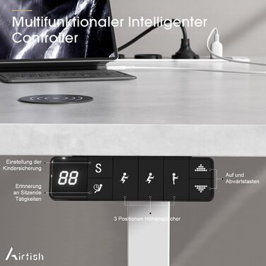 Електричний стіл Airfish з регулюванням висоти, бездроговою зарядкою та USB-роз'ємом, 160 x 80 см. Пам'ять 3-функцій, нагадування про відпочинок. Білий (180 x 80 см, Сірий)