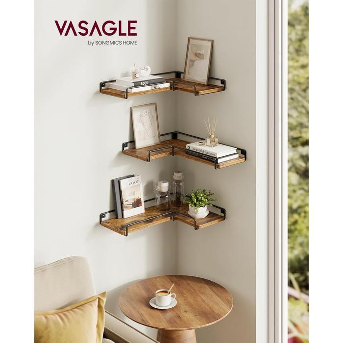 Набір кутових настінних полиць VASAGLE L-подібні, індустріальний стиль, для вітальні, спальні та кухні, вінтажний коричневий та чорний, 3 шт. (LLS831B01)
