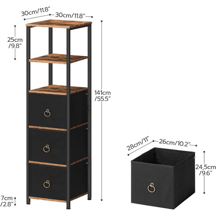 Тумба для ванної кімнати HOOBRO, окремо стояча, вузька, 3 тканинні ящики, вінтажний коричневий/чорний EBF140CW01