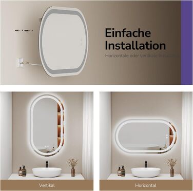 Дзеркало для ванної кімнати EMKE з підсвічуванням 50x90 см, овальне, з сенсорним перемикачем, 3 кольори світла, регулювання яскравості, антизапарник, функція пам'яті, автоматичне вимкнення через 3 години