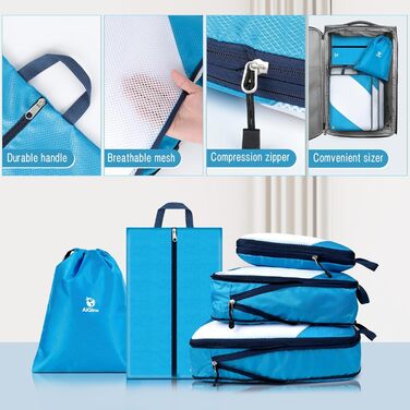 Набір компресійних органайзерів для одягу в подорожі AiQInu, 5 шт. (з мішком для прання та взуття), ультралегкі розширювані пакувальні куби для валізи та ручної поклажі, небесно-блакитний