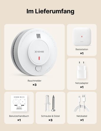 X-Sense Детектор диму Smart WLAN з 10-річною батареєю та базовою станцією SBS50, фотоелектричний, бездротовий, мережевий, 6 шт. (SD19-MN61)
