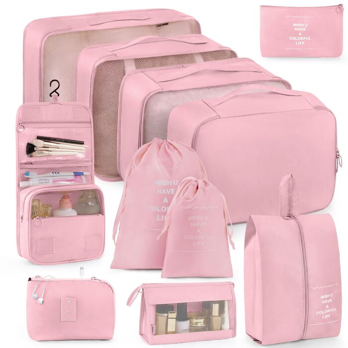 Набір органайзерів для подорожей Anjing (11 предметів), водонепроникні пакувальні куби для валізи, компактний органайзер для одягу в дорогу, рожевий