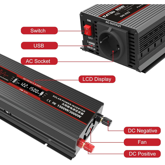 Інвертор DATOUBOSS Перетворювач напруги 12 В до 230 В з чистою синусоїдою 1000 Вт/2000 Вт з USB-портами та розетками ЄС для будинків, караванів, сонячних систем (чорний 1500 Вт 12 В)