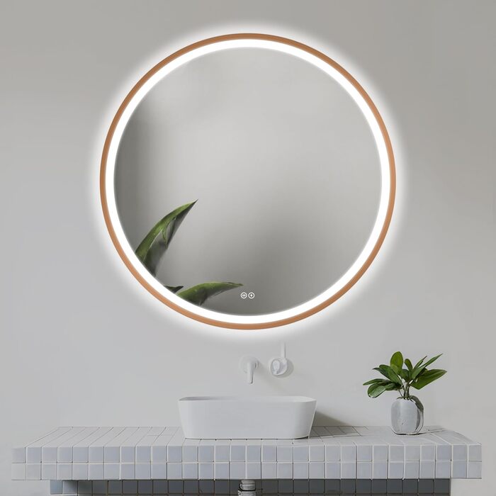 LED дзеркало для ванної кімнати Home Glow круглої форми 80 см з підсвічуванням, антизапарюванням, сенсорним вимикачем та металевим каркасом (червоне золото)