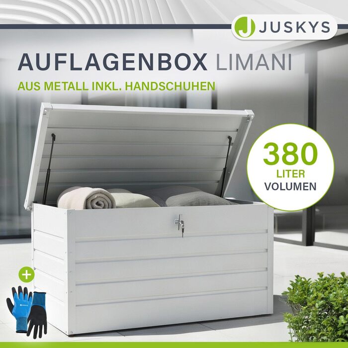 Ящик для зберігання вуличний Juskys Metall Limani 380л - водонепроникний, з замком - для саду, подушок, меблів (білий)
