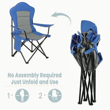 Крісло для кемпінгу WOLTU складне, легке складане крісло для вулиці, крісло для риболовлі, з бічною кишенею підстаканника, вантажопідйомність до 150 кг, для тераси пляжного саду для кемпінгу (синій сірий)