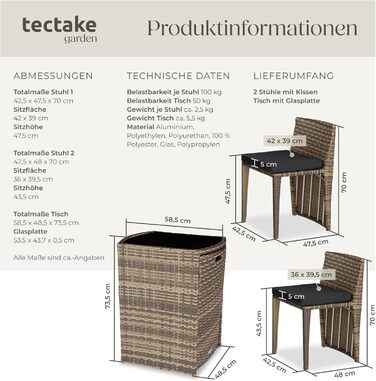 Набір бістро Tectake Poly Rattan, 2 стільці та стіл, група відпочинку на відкритому повітрі - сірий (натуральний No 403769)
