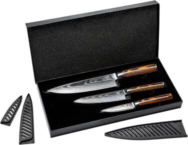 Набір кухонних ножів Wolfblood з дамаської сталі (32, 26, 20 см) - 67 шарів, 62 HRC, з захистом леза та подарунковою коробкою