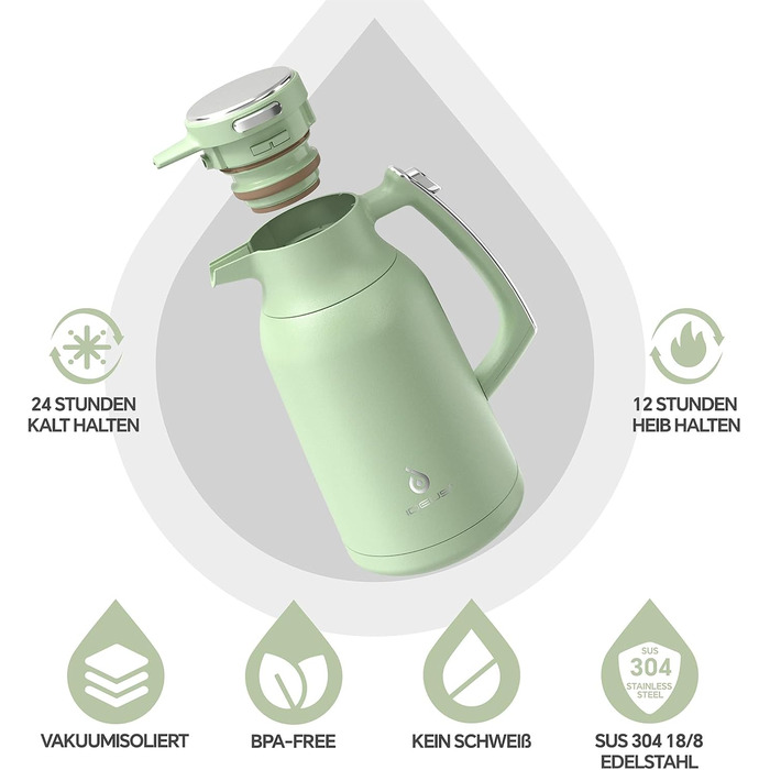 Термос IDEUS Thermoskanne 2л, нержавіюча сталь, подвійні стінки, вакуумна ізоляція, кавоварка-термос для кави та чаю, BPA-free, колір Celadon (авокадо)