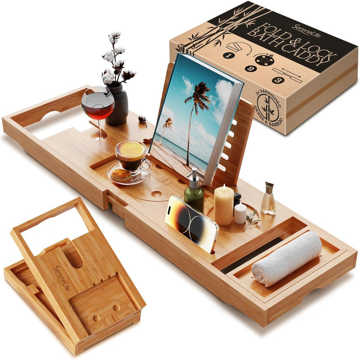 Підставка для ванни SereneLife з дерева - Розширювана підставка для ванни 70-105 см з тримачем для напоїв та книжковою підставкою, вологостійка, аксесуар для ванни, Wellness