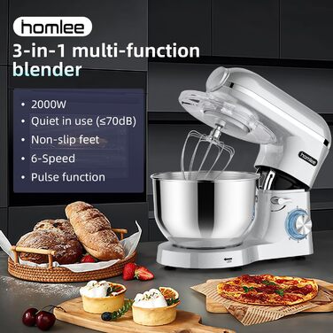 Універсальна кухонна машина 2000W 3-в-1 з м'ясоподрібником, соковитискачем та міткою, 5.5л чаша, срібна