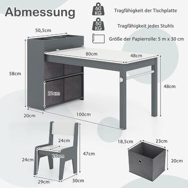 Дитячий столик та 2 стільчики DREAMADE 2-в-1 з паперовою рулонною полицею та 4 текстильними боксами для зберігання, дерев'яний дитячий куточок для малювання та ігор у дитячу кімнату (Сірий)