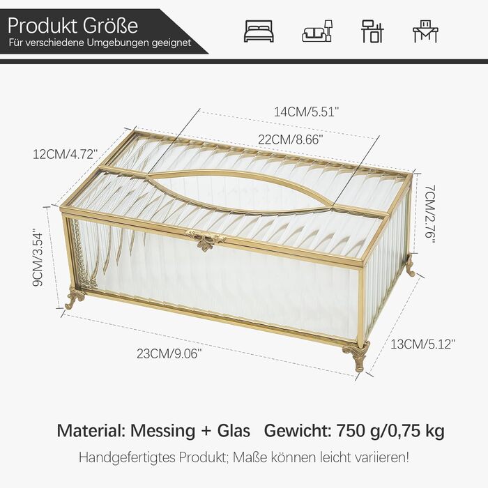 Скляна коробка для серветок SLHEQING Gold - органайзер для косметичних серветок, прямокутна модель для ванної, вітальні, спальні, офісу