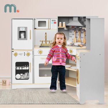 Дитяча дерев'яна кухня Mamabrum XXXL з LED-підсвічуванням та аксесуарами: мікрохвильова піч, посуд, столові прибори. Ігровий набір для дітей 3+