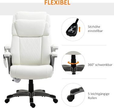 Крісло офісне з масажем Vinsetto - ергономічне, регульоване, з штучної шкіри, біле (70x76,5x114-124 см)