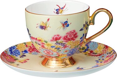 Набір різнокольорових кавових чашок і блюдців fanquare з ложкою, порцеляновий візерунок у вигляді квіткового метелика, чайна чашка з тонкого кістяного порцеляни, (жовтий)