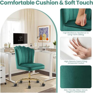 Крісло для офісу Fiximaster Homeoffice, крісло для робочого столу, обертове, регульоване по висоті, з м'якою оббивкою з велюру, золоті ніжки, для робочого кабінету, спальні, до 135 кг, зелене