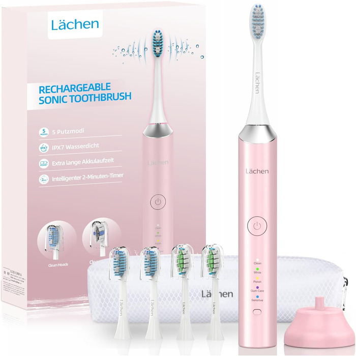 Електрична звукова зубна щітка Läschen, 5 режимів, з чохлом для подорожей, 4 насадки, USB-зарядка на 60 днів, таймер, IPX7 водонепроникність, рожева