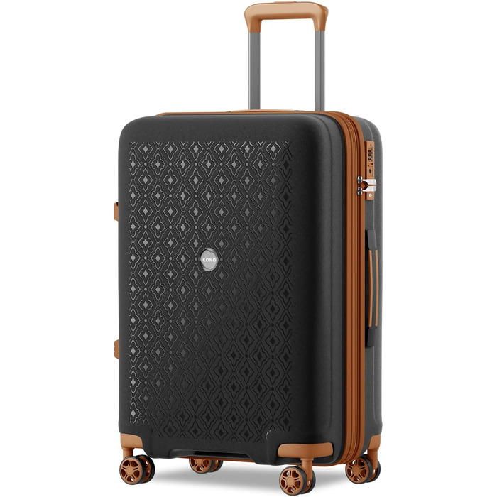 Чорний/Коричневий великий валіза KONO з тримачем для напоїв, жорсткий корпус, легкий поліпропілен, розширюваний, з TSA замком, 4 колеса XL
