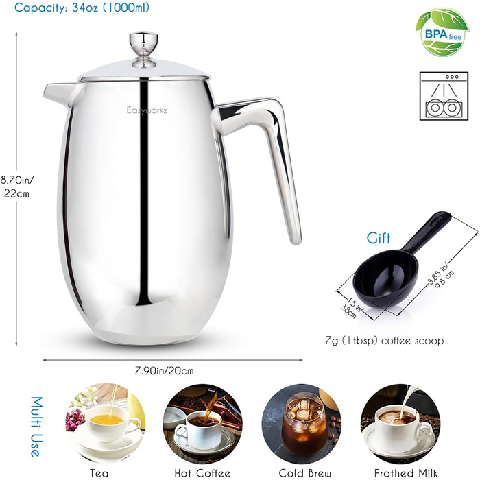 French Press Easyworkz Nando: термо-кавоварка з нержавіючої сталі, 1000 мл, подвійні стінки