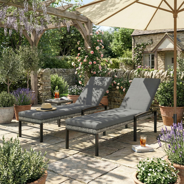 Набір із 2 шезлонгів із техноротанга для саду, з 5-позиційною регульованою спинкою, витримують до 120 кг, світло-сірі
