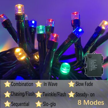 Ланцюжок прикрас Hopelit з 50 LED, 5 метрів: святкова гірлянда на батарейках з таймером, 8 режимів, для декору саду, вечірки, ялинки (водостійка, кольорова)